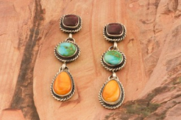 Genuine Spiny Oyster Shell and Sonoran Turquoise Sterling Silver Long Dangle Earrings